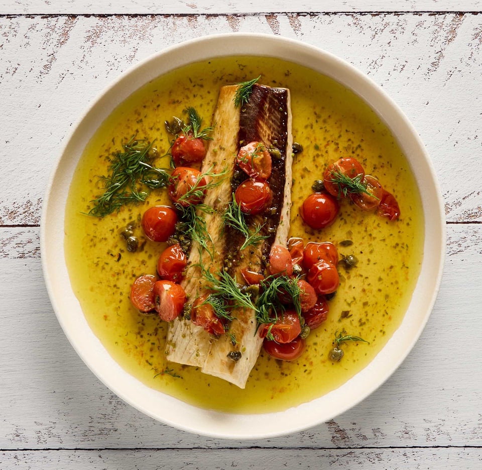 Pan Seared Kingfish with Cherry Tomatoes & Capers